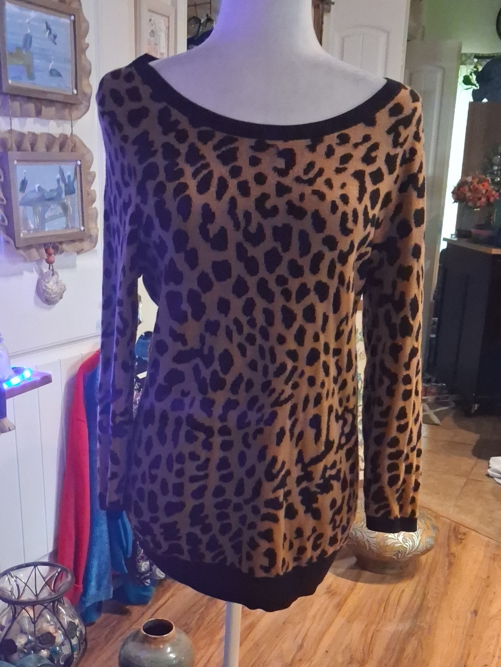 Leopard Print Boatneck Sweater By Talbot's  Brown/Black Size M